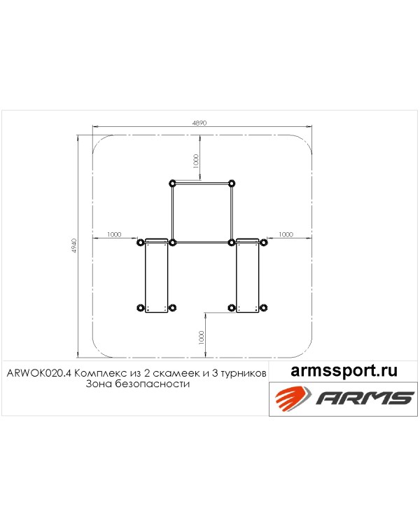 ARWOK020.4 Комплекс из 2 скамеек для пресса и трех турников